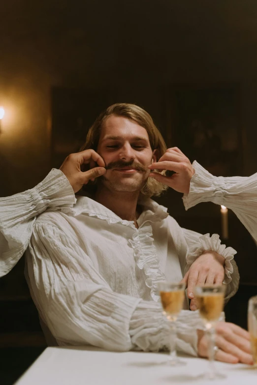 a couple of people that are sitting at a table, an album cover, inspired by Vasily Perov, trending on unsplash, renaissance, huge blond moustache, perfectly lit. movie still, victorian clothing, xqc