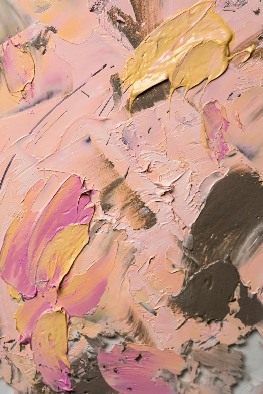 a close up of a painting on a table, inspired by Willem de Kooning, trending on pexels, brown and pink color scheme, baselitz, lavender blush, extreme detail skin