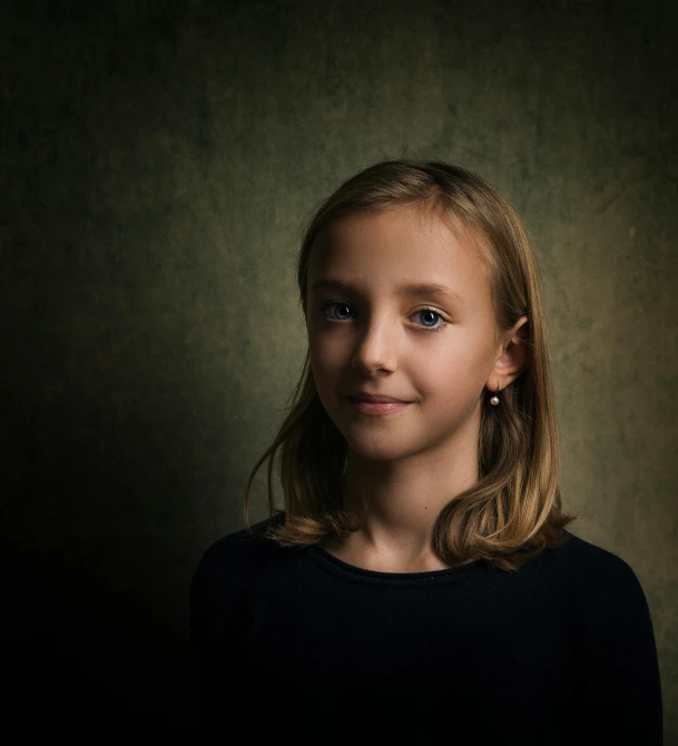 a little girl that is posing for a picture, a character portrait, by Tobias Stimmer, pexels contest winner, hyperrealism, aged 13, medium portrait top light, actress, journalist photo