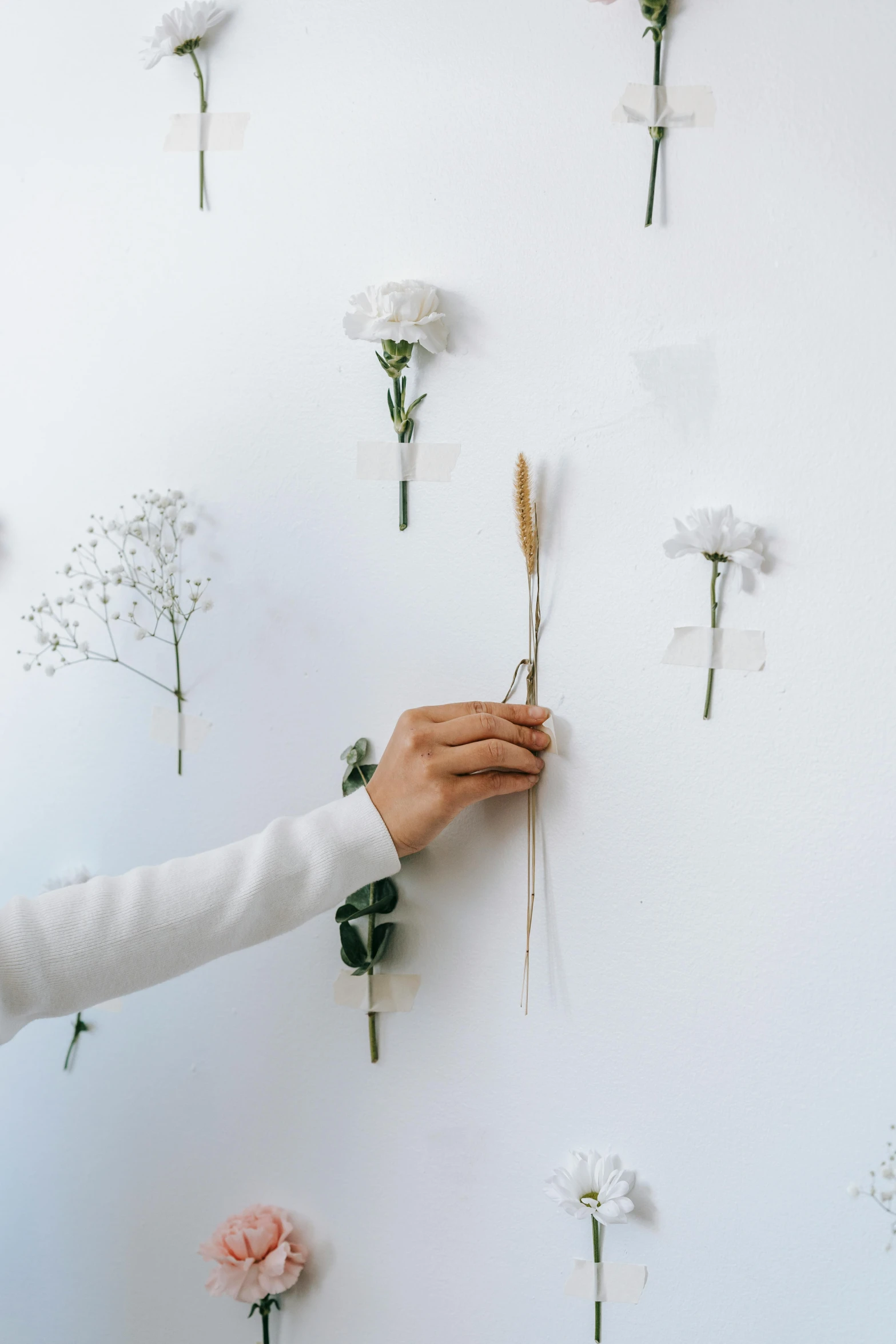 a woman standing in front of a wall covered in flowers, a minimalist painting, inspired by Elsa Bleda, trending on unsplash, interactive art, white candles, picking up a flower, white bones, hands pressed together in bow