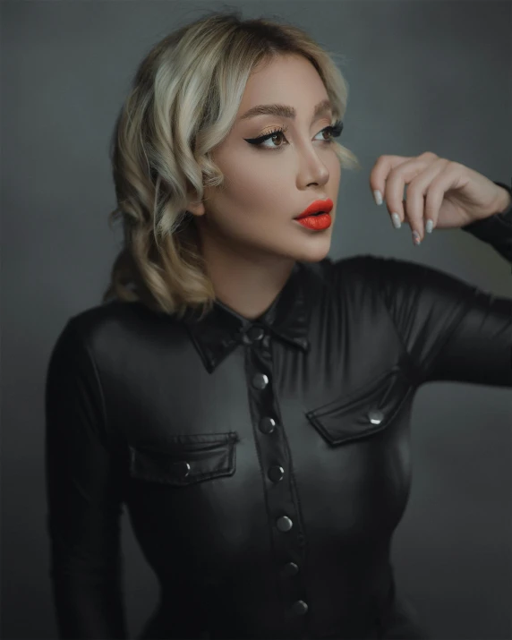 a woman in a leather outfit posing for a picture, an album cover, trending on pexels, asher duran, cl, looking frontal view, gif