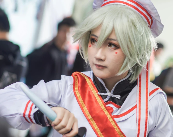 a woman dressed in a uniform holding a sword, an anime drawing, inspired by Leng Mei, sea - green and white clothes, cosplay photo, twitch streamer / gamer ludwig, akihabara