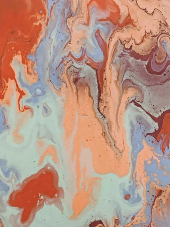 a close up of a painting on a wall, trending on unsplash, lyrical abstraction, melting in coral pattern, marbling effect, red brown and blue color scheme, pastelwave