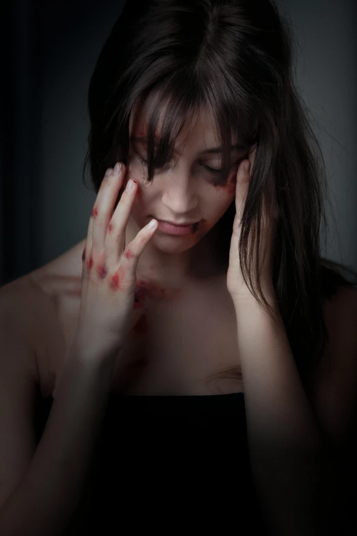 a woman with blood all over her face, inspired by Elsa Bleda, trending on pexels, renaissance, hands shielding face, portrait of depressed teen, brunette woman, facial scar