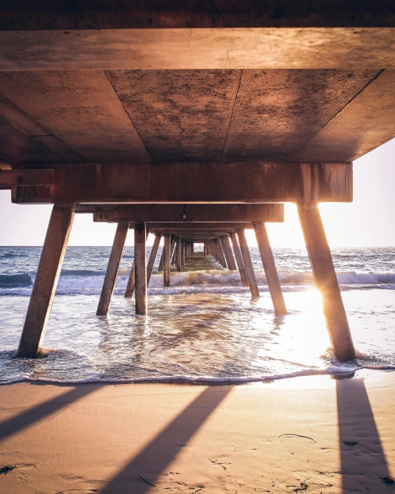 a wooden structure sitting on top of a sandy beach, unsplash contest winner, renaissance, under bridge, sun rays shine through the water, south african coast, profile image