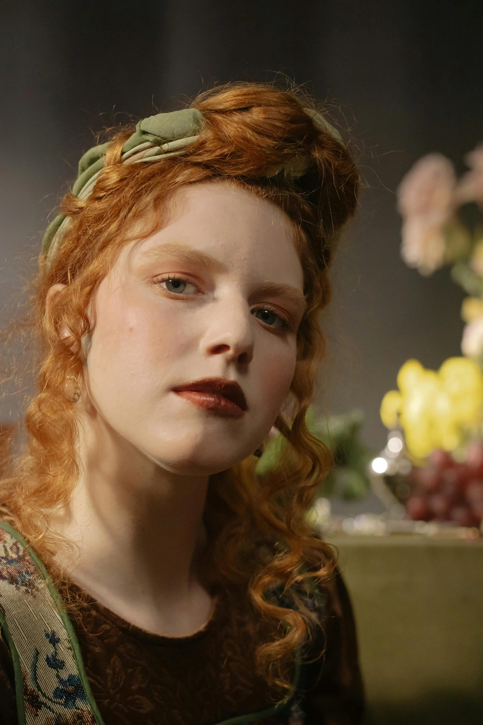 a woman with red hair wearing a green headband, an album cover, inspired by Jan Lievens, renaissance, slide show, still from the film, preraphaelite, photographed for reuters