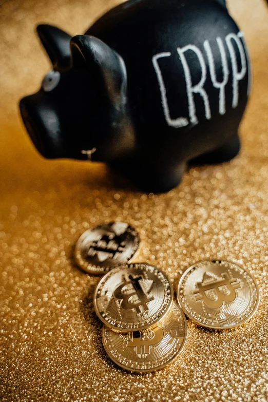 a piggy bank sitting on top of a table, a photo, by Julia Pishtar, lyco art, lump of native gold, crypto, crypt, drops