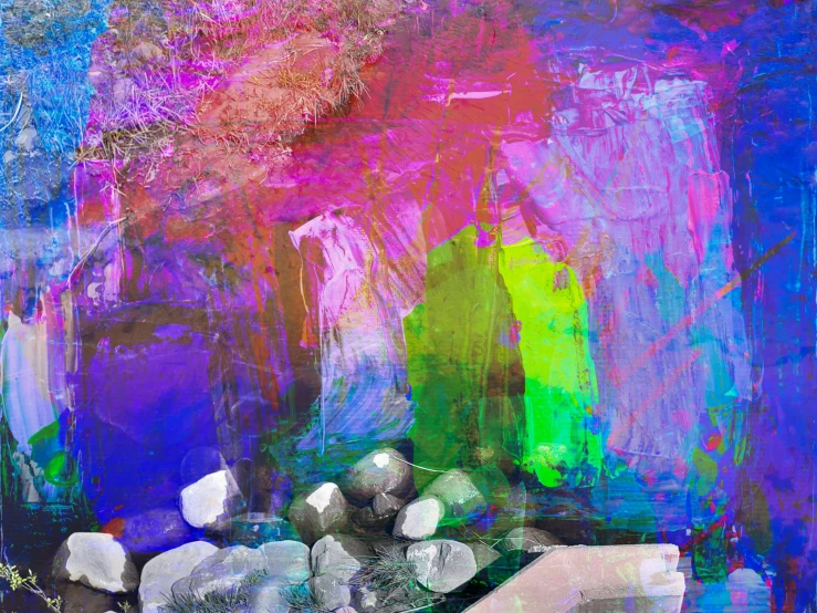 a painting of flowers in a vase on a table, an abstract painting, inspired by William Congdon, trending on pixabay, lyrical abstraction, in a cave with the waterfall, purple neon colours, ((rocks)), boulders