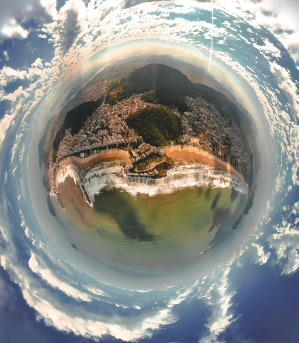 a fish eye view of a beach and a body of water, a city in the clouds, circular planet behind it, david rios ferreira, gigapixel photo