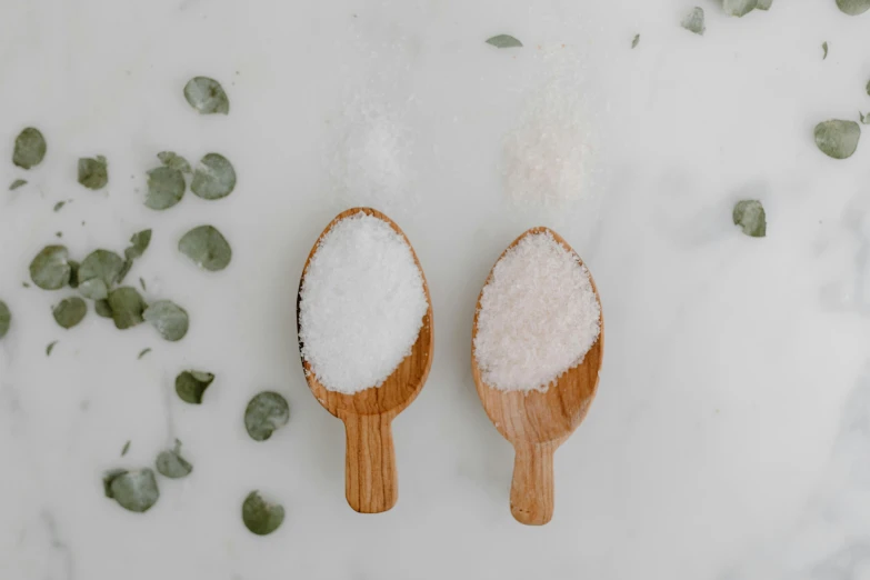 two wooden spoons filled with white sugar and green leaves, trending on pexels, salt effects, full-body, pure skin, sea foam