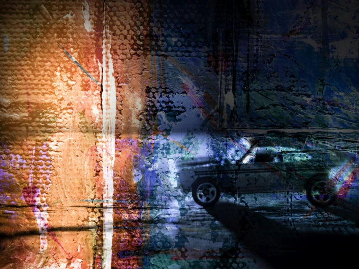 a car that is sitting in front of a wall, a digital rendering, pexels contest winner, auto-destructive art, texture city at night, grungy; colorful, high contrast light and shadows, car chase