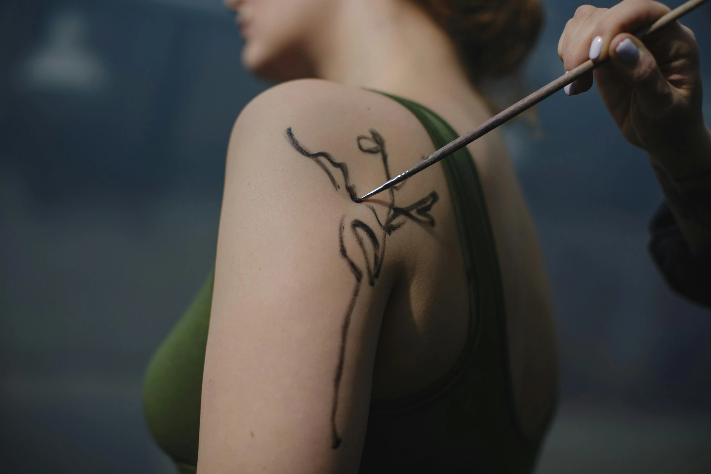 a woman with a tattoo on her arm holding a pair of scissors, a tattoo, trending on pexels, hyperrealism, animation still, vfx shot, behind the scenes photo, synthetic bio skin