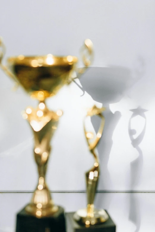 a couple of trophies sitting on top of a table, pexels contest winner, white and gold, great light, standing, 10k