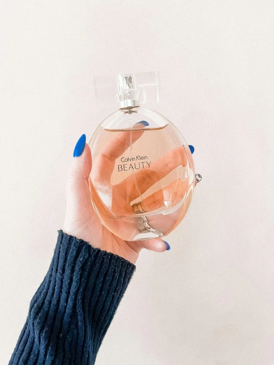 a person holding a bottle of perfume in their hand, by Ellen Gallagher, beautify, on clear background, 🎀 🧟 🍓 🧚, calvin klein