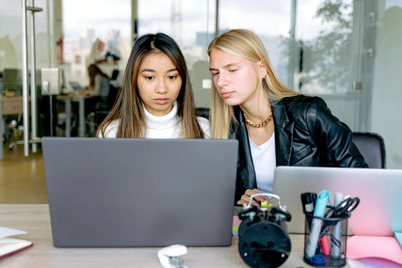 two women sitting at a table looking at a laptop, trending on unsplash, avatar image, studious, mid shot photo, looking serious