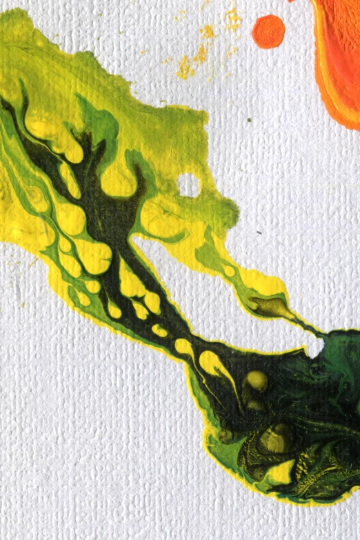 a close up of a painting on a piece of paper, inspired by Shōzō Shimamoto, yellow and greens, bubbling liquids, on canvas, ilustration