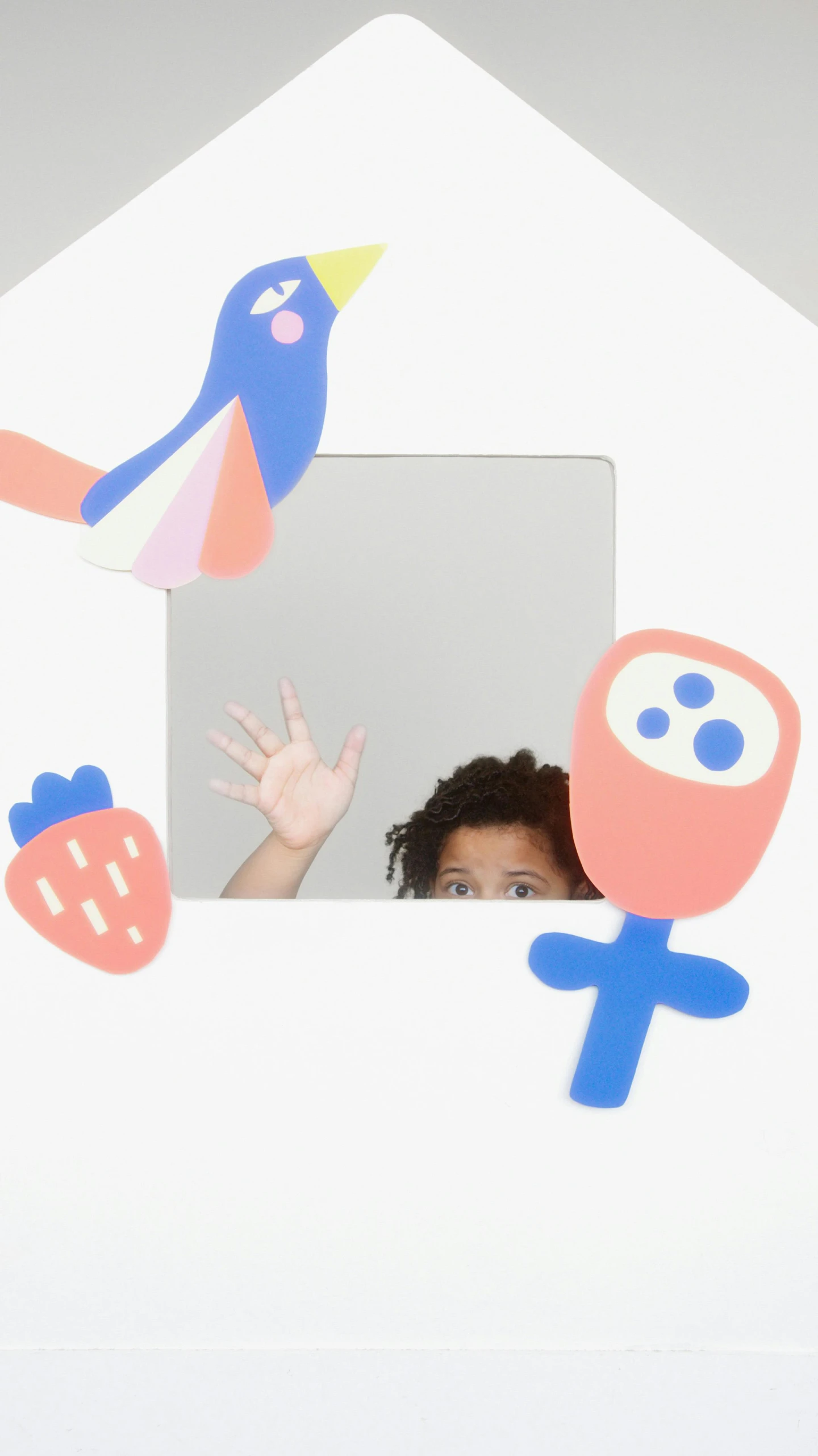 a little girl that is looking out of a house, a child's drawing, inspired by Nara Yoshitomo, pexels contest winner, conceptual art, mirror selfie, paper cutouts of plain colors, on grey background, disco pictoplasma