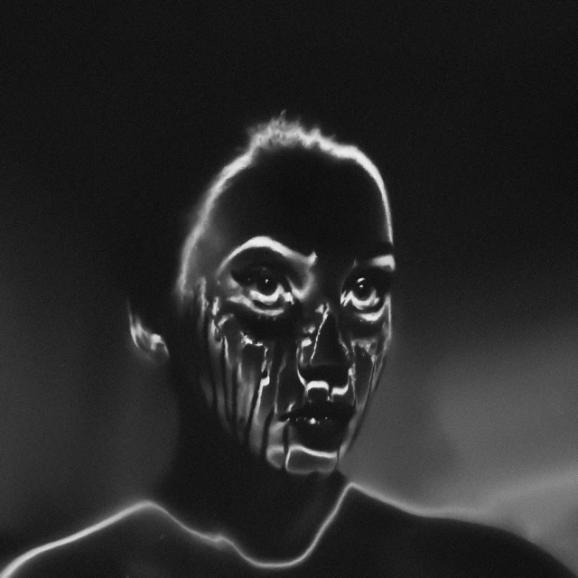 a black and white photo of a person with face paint, inspired by Dora Maar, surrealism, 3 d neon art of a womens body, still from animated horror movie, portrait of florence pugh, black fluid simulation