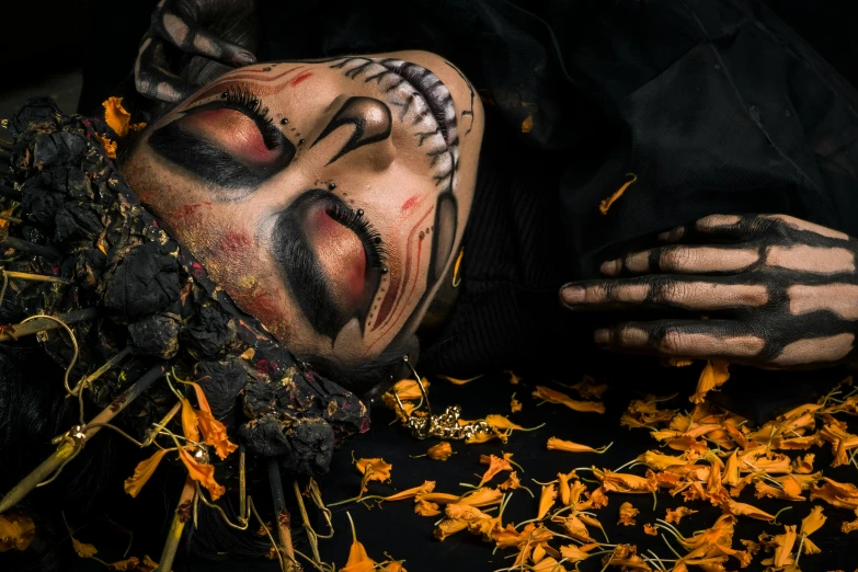 a close up of a person with a face painted, pexels contest winner, vanitas, laying down, halloween decorations, avatar image, made of dried flowers