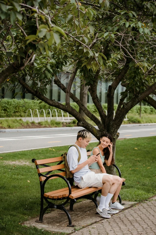 a man and woman sitting on a bench next to a tree, by Jang Seung-eop, unsplash, hot summer day, square, cellphone, with fruit trees