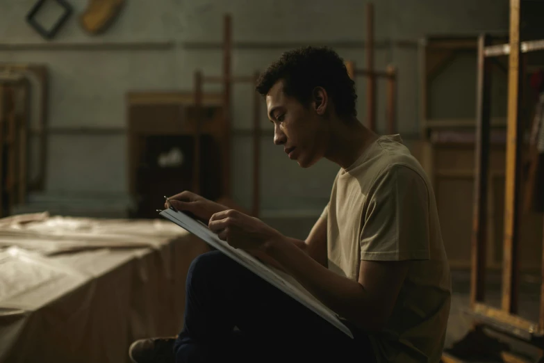 a man sitting down writing on a piece of paper, hyperrealism, production still, looking to his side, holding notebook, lee madgwick & liam wong