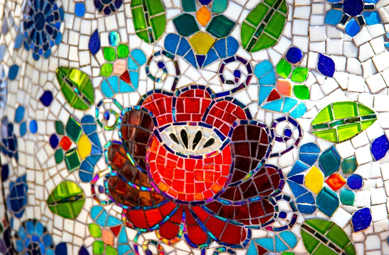 a close up of a vase with a flower on it, a mosaic, inspired by Jan Stanisławski, pexels, cloisonnism, vibrant vivid colors, square, mexican folk art, medium details