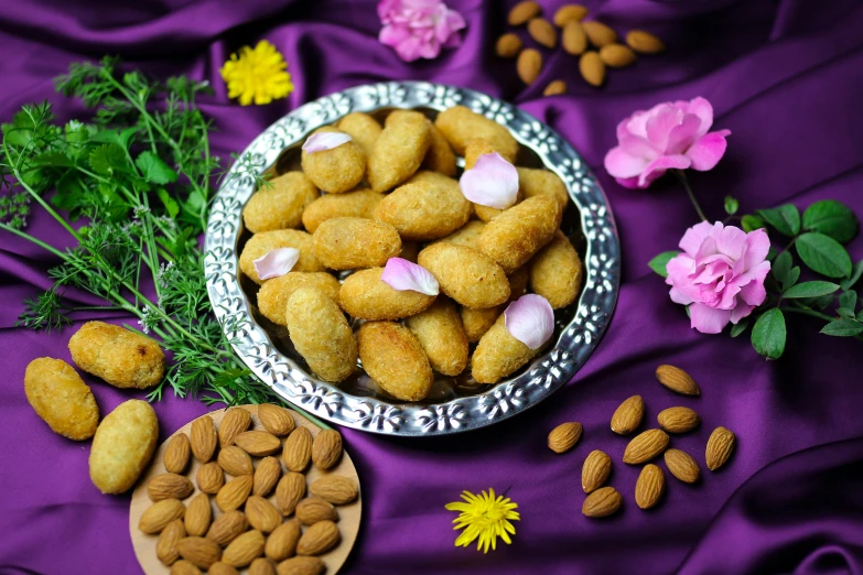 a bowl filled with nuts on top of a purple cloth, hurufiyya, flowers around, background image, nugget, peredvishniki