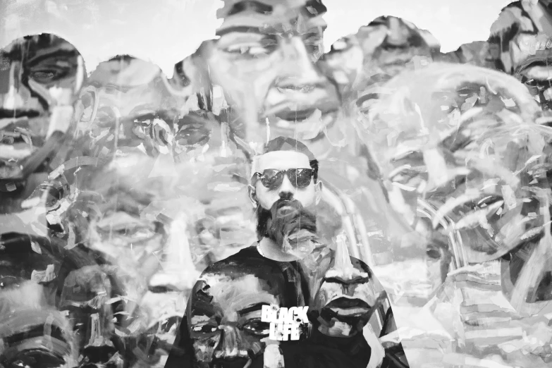 a black and white photo of a group of people, an album cover, by Patrick Pietropoli, tumblr, sots art, david choe, background image, painting by android jones, drake's face