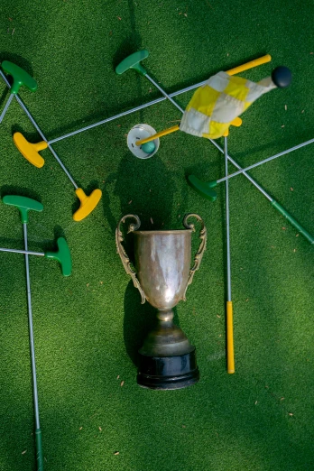 a trophy sitting on top of a green field, inspired by Shirley Teed, overhead shot, cups and balls, giant wooden club, metal award winning
