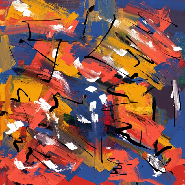 an abstract painting with red, yellow and blue colors, inspired by Ernst Wilhelm Nay, lyrical abstraction, digital art - n 9, artwork masterpiece, (abstract)
