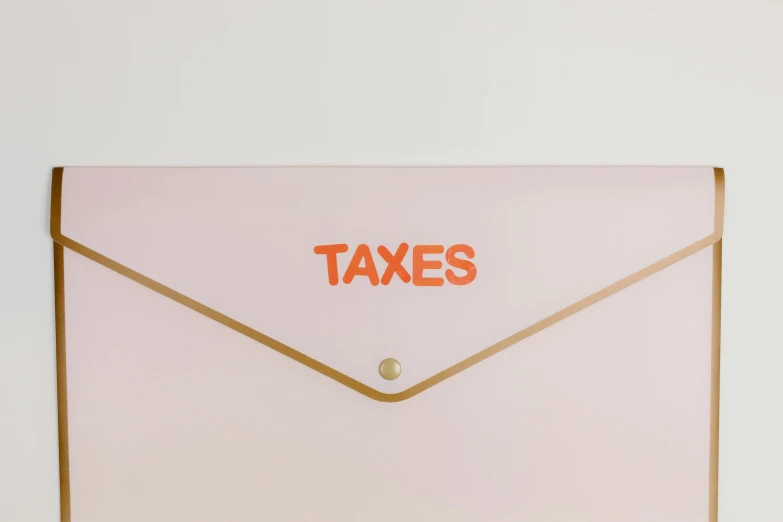 a pink envelope with the word taxes written on it, an album cover, inspired by Wes Anderson, trending on pexels, detail shot, minimalistic logo, cute huge pockets hardware, thumbnail