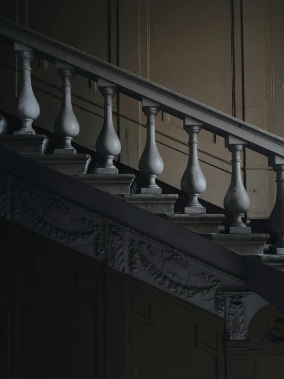 a black and white photo of a set of stairs, inspired by Hubert Robert, pexels contest winner, baroque, dark muted colors, dark university aesthetic, detailed archviz render, baroque ornament details