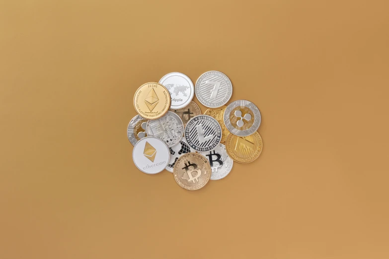 a bunch of coins sitting on top of each other, an album cover, trending on unsplash, renaissance, edible crypto, golden and silver colors, 🚀🚀🚀, 4 0 mm