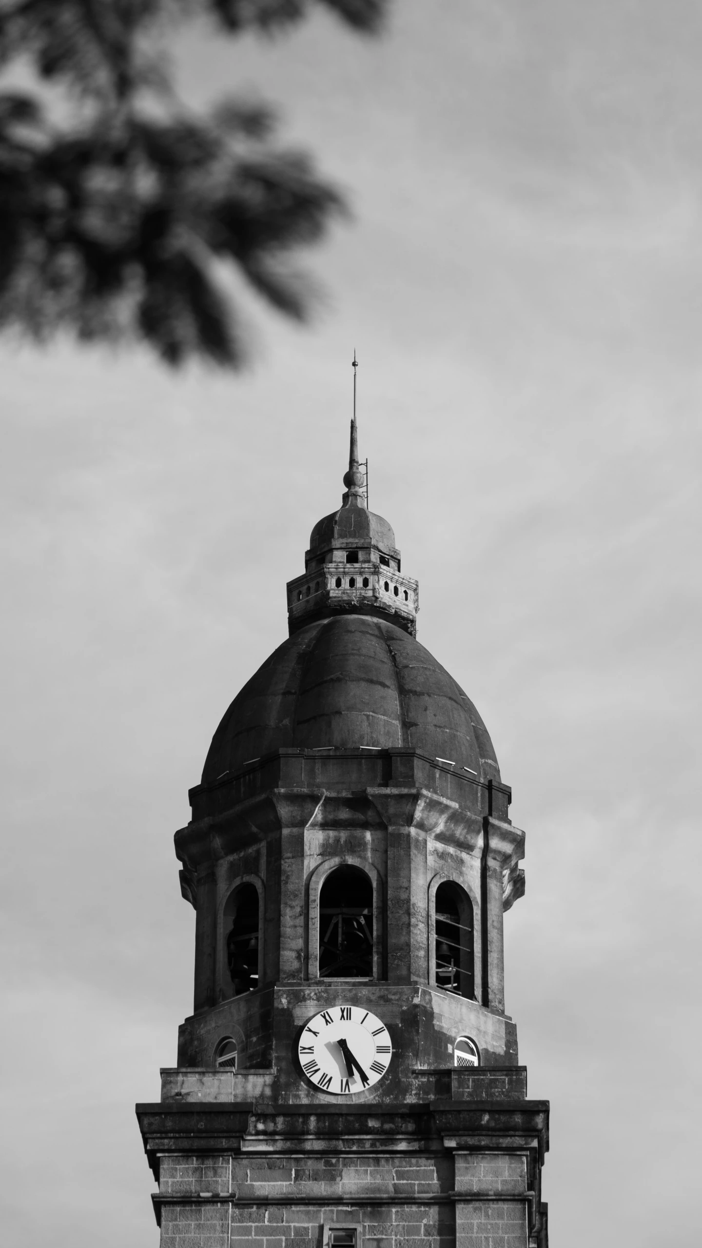 a black and white photo of a clock tower, unsplash, dome, university, analog photo, brown