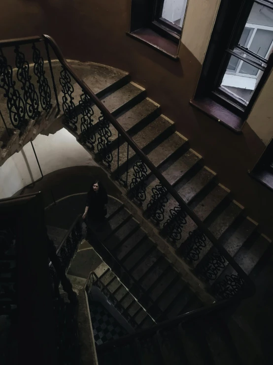a view from the top of a set of stairs, inspired by Elsa Bleda, unsplash contest winner, baroque, dark academia aesthetic, trending on vsco, haunted gothic hotel, brown