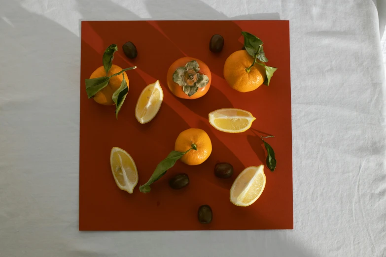 a red plate topped with sliced oranges and green leaves, inspired by Georges de La Tour, hyperrealism, square, 2022 photograph, passion fruits, lemon