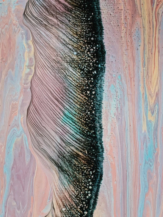 a painting of a woman with long hair, an ultrafine detailed painting, inspired by Lucio Fontana, trending on pexels, metaphysical painting, made of ferrofluid, pink white turquoise, shiny layered geological strata, universe in a grain of sand