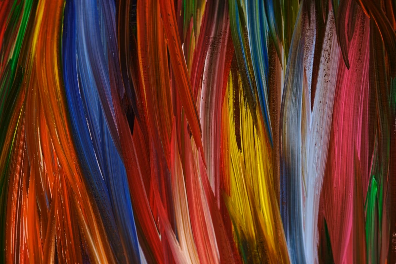a close up of a bunch of multicolored hair, inspired by Morris Louis Bernstein, pexels, abstract art, tropical bird feathers, oil on canvas 4k, colorful glass art, chromatic filament