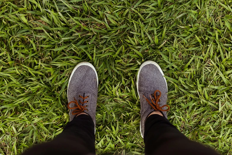 a person standing on top of a lush green field, blue jeans and grey sneakers, avatar image, grass. kodak, legs intertwined