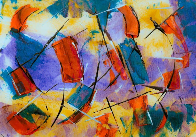 an abstract painting with orange and blue colors, inspired by Witold Wojtkiewicz, pexels, abstract art, yellow and purple tones, fan favorite, colorful crowd, watercolor on canvas