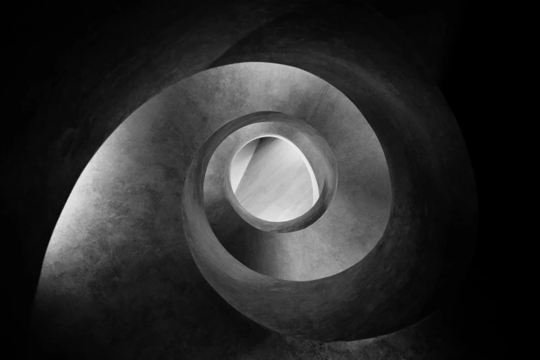 a black and white photo of a spiral staircase, an abstract sculpture, inspired by Edward Weston, unsplash contest winner, concrete art, g cgsociety, photo realistic”, black hole, jan urschel