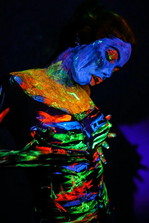 a woman with fluorescent paint on her body, by Meredith Dillman, interactive art, gaudy colors, slide show, blue and orange lighting, alien woman