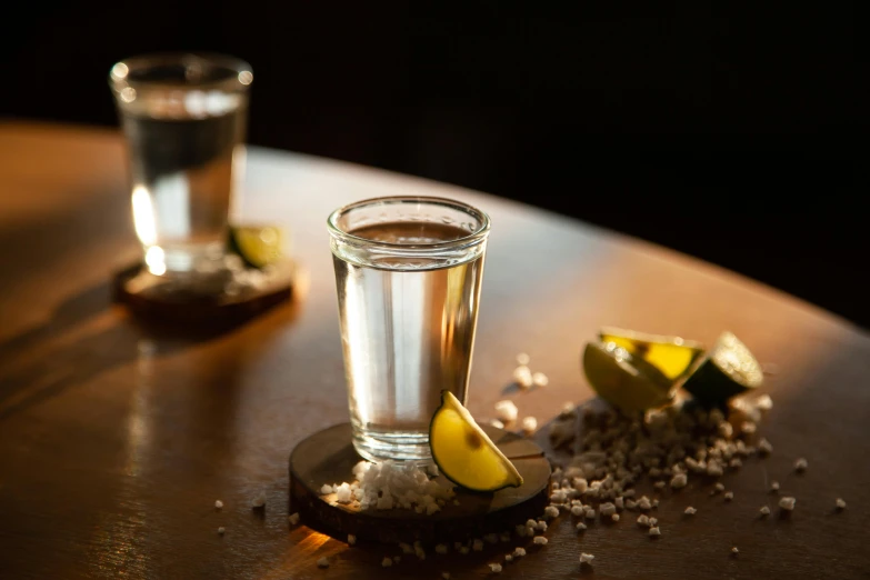 two shot glasses sitting on top of a wooden table, pexels, getting his tacos and drink), liquid light, subtle detailing, half body shot