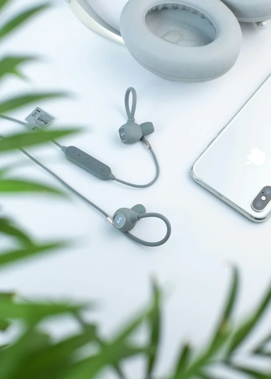 a pair of headphones sitting on top of a table, greenery, grey, product image, toggles
