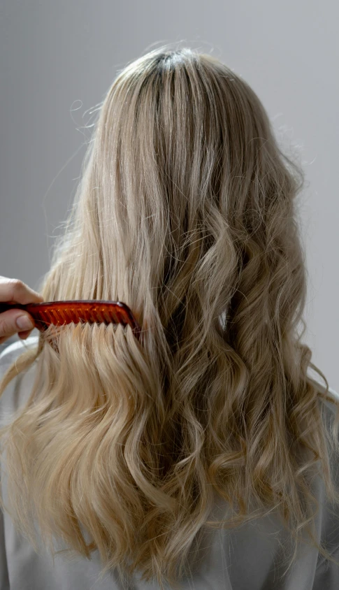 a woman brushing her hair with a brush, pexels, renaissance, long wavy blond hair, close-up shot taken from behind, on grey background, upscaled to high resolution