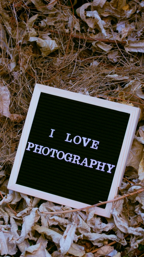 a black and white sign that says i love photography, by Robbie Trevino, unsplash, brown, 4k quality photo, !!! colored photography, lightbox