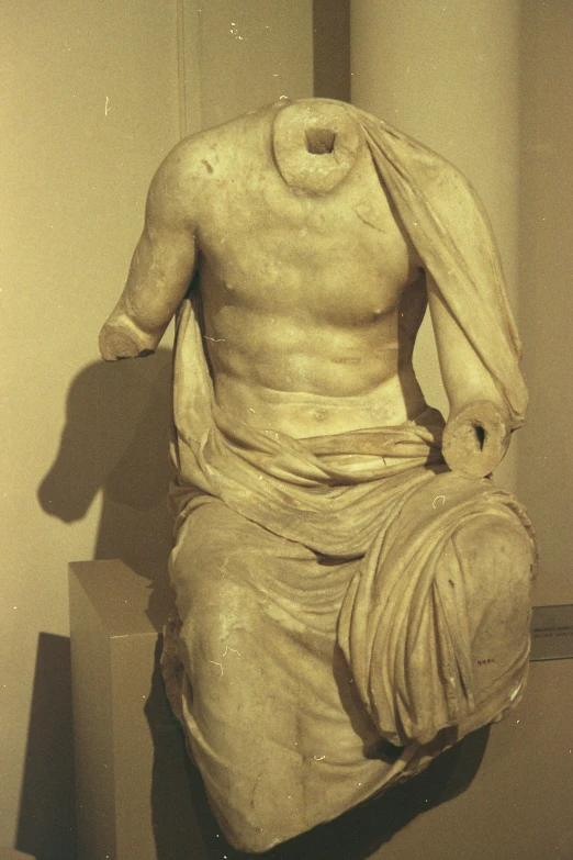 a statue of a man sitting on a pedestal, a marble sculpture, inspired by Exekias, centralized head and upper torso, ares, tom