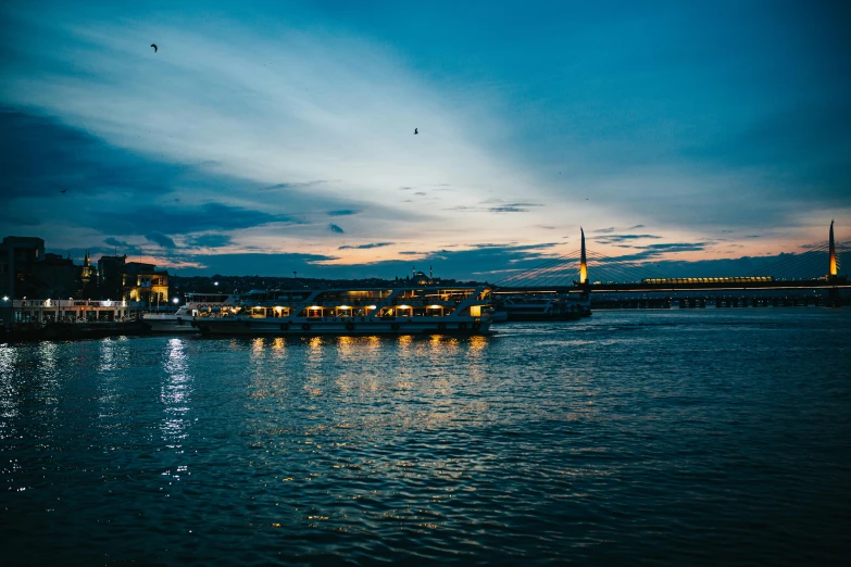 a large body of water with a bridge in the background, by Julia Pishtar, pexels contest winner, hurufiyya, evening time, aleksander rostov, slide show, shot on hasselblad