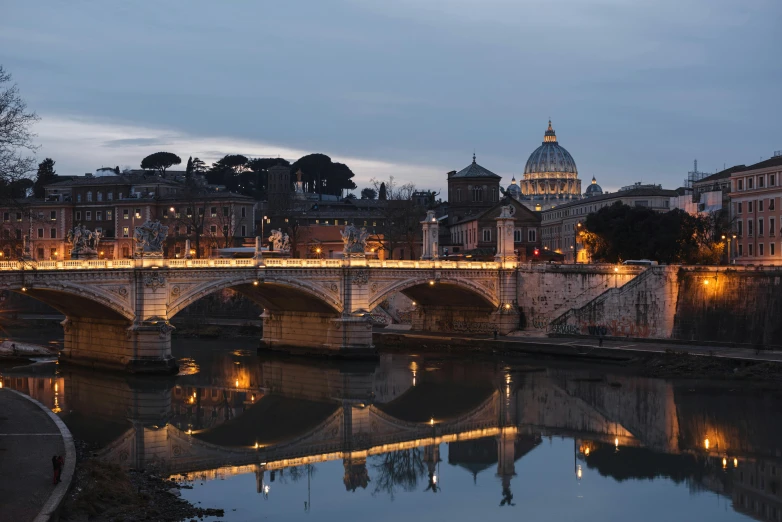 a bridge over a river with buildings in the background, by Cagnaccio di San Pietro, pexels contest winner, neoclassicism, evening, panoramic, profile image, john pawson