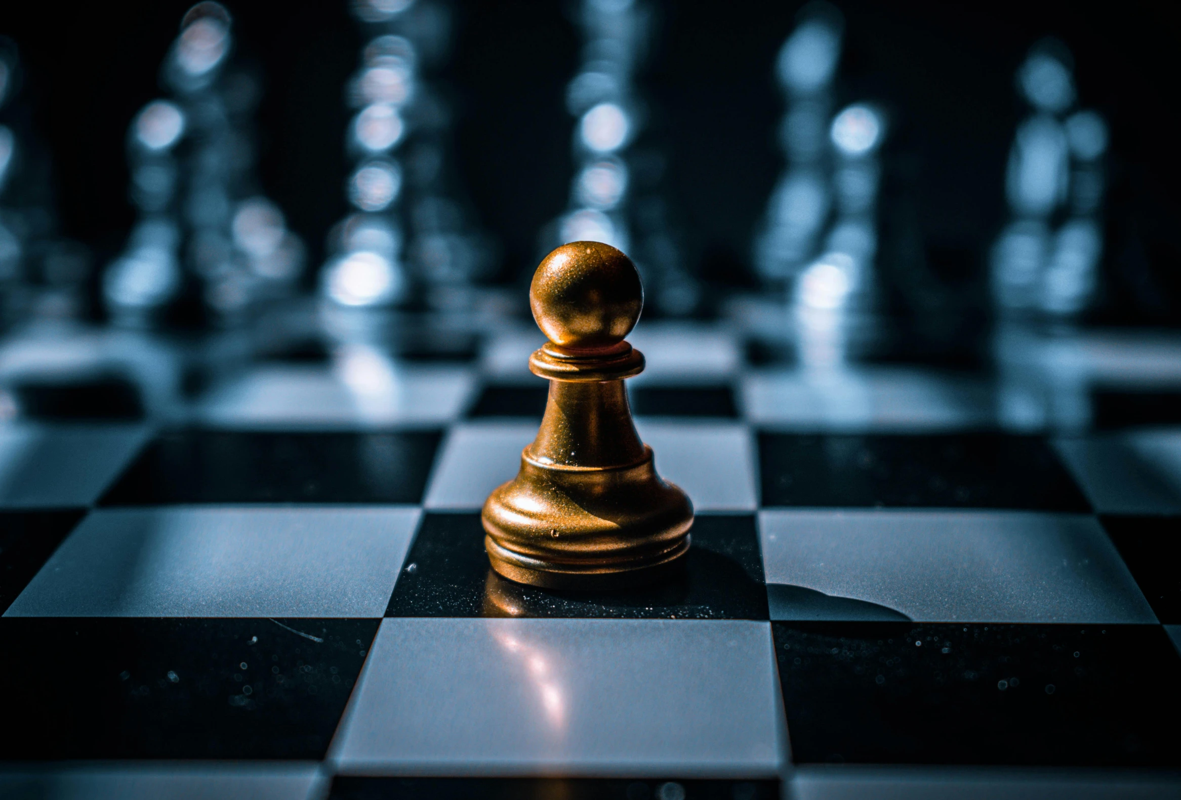a golden pawn sitting on top of a chess board, an album cover, unsplash contest winner, synthetism, battle ready, thumbnail, small, profile picture 1024px
